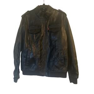 EUC Levi's Black Polyurethane Jacket Leather Look Pockets Sherpa Lining SIze XL